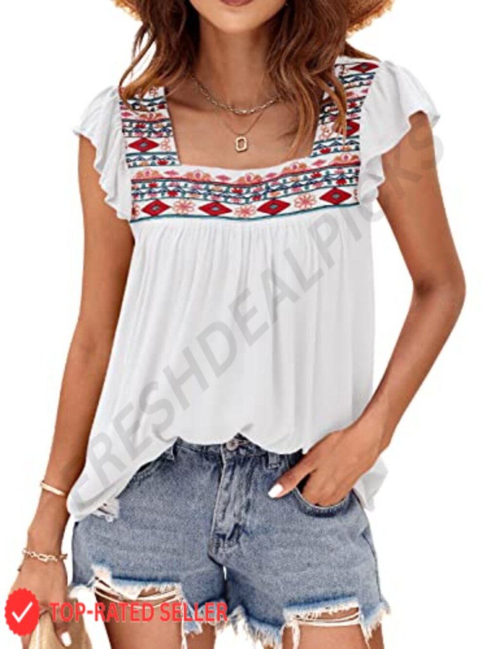 Women's Embroidered Babydoll Peasant Top Square Neck Ruffle Sleeve Boho Blouse